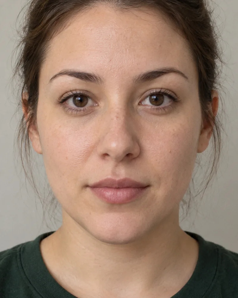 Example face: a woman looking straight at the camera, neutral expression, plain wall behind